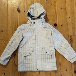 Northface jacket Checkered Pattern purple and yellow on beige no fleece liner